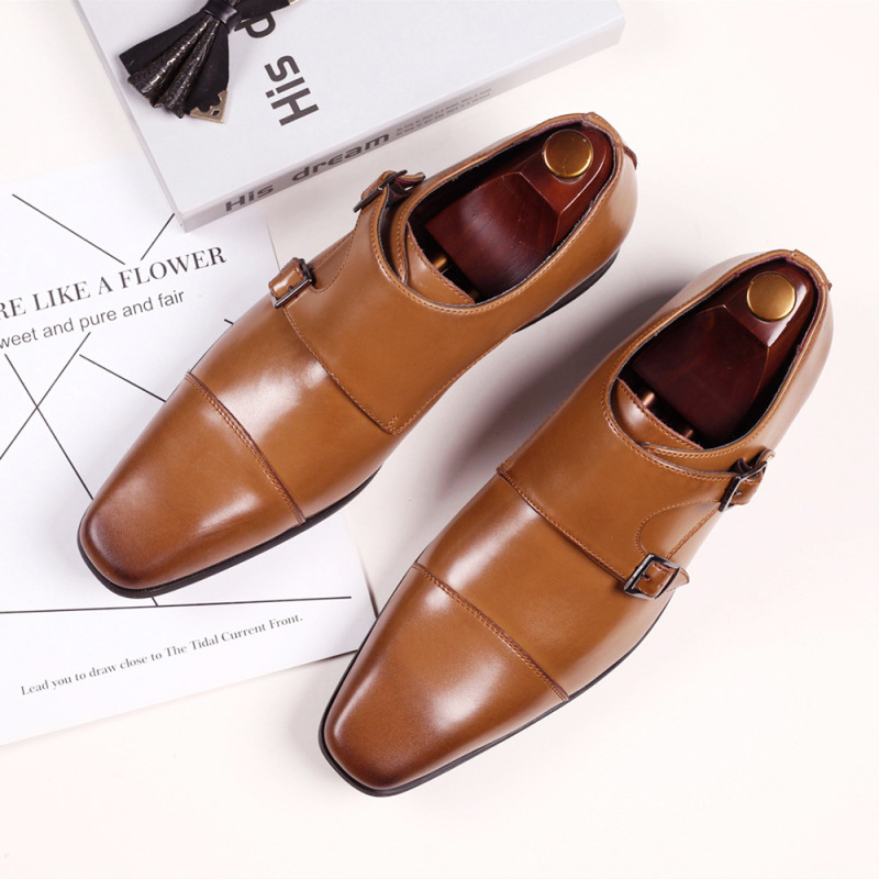 Men Fashion Square Toe Three-Joint Monk Buckle Pu Leather Shoes