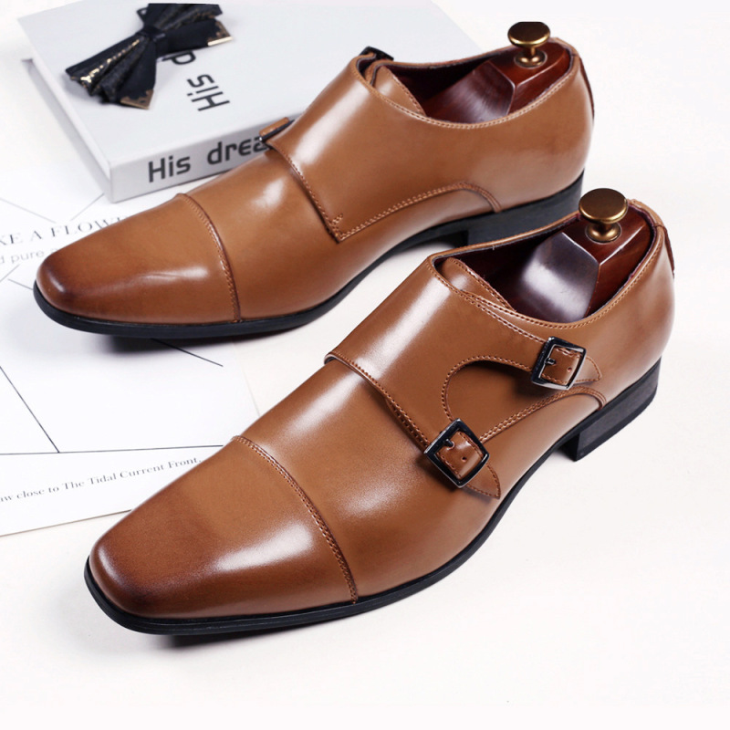 Men Fashion Square Toe Three-Joint Monk Buckle Pu Leather Shoes