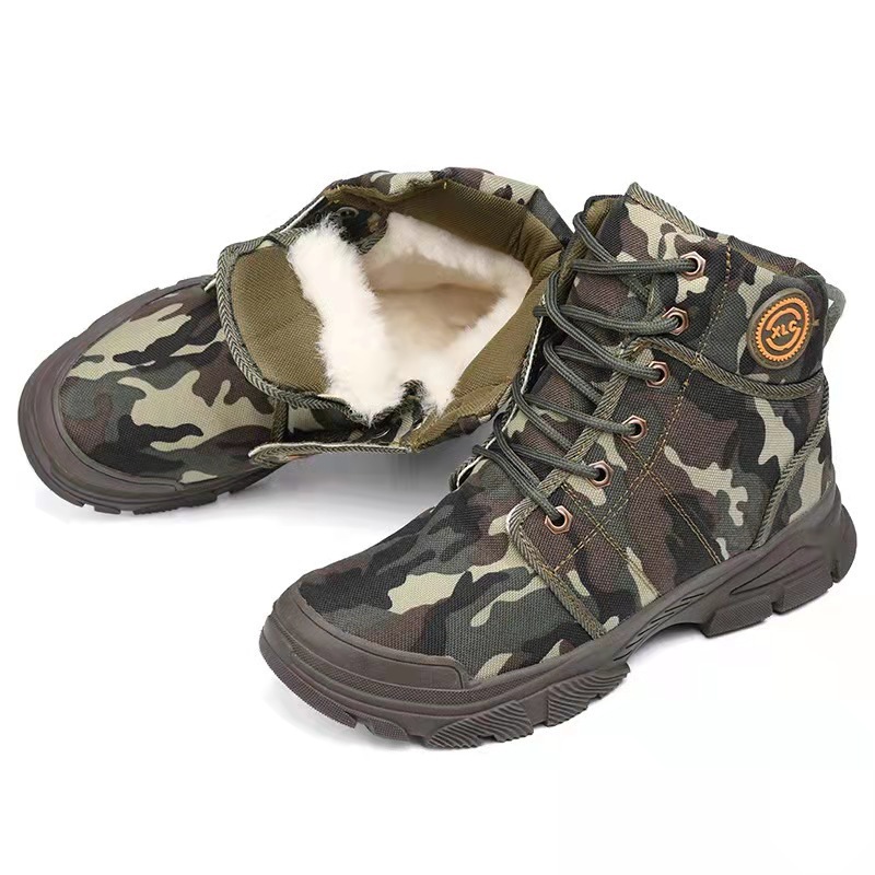 Men Autumn Winter Fashion Casual Solid Color Camouflage Lace-Up Flat High Top Plus Velvet Combat Boots