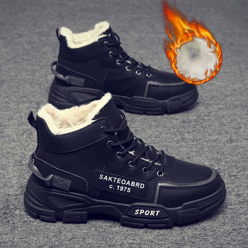 Men Autumn Winter Fashion Casual Solid Color Letters Lace-Up Flat Shots High Top Plus Velvet Combat Boots