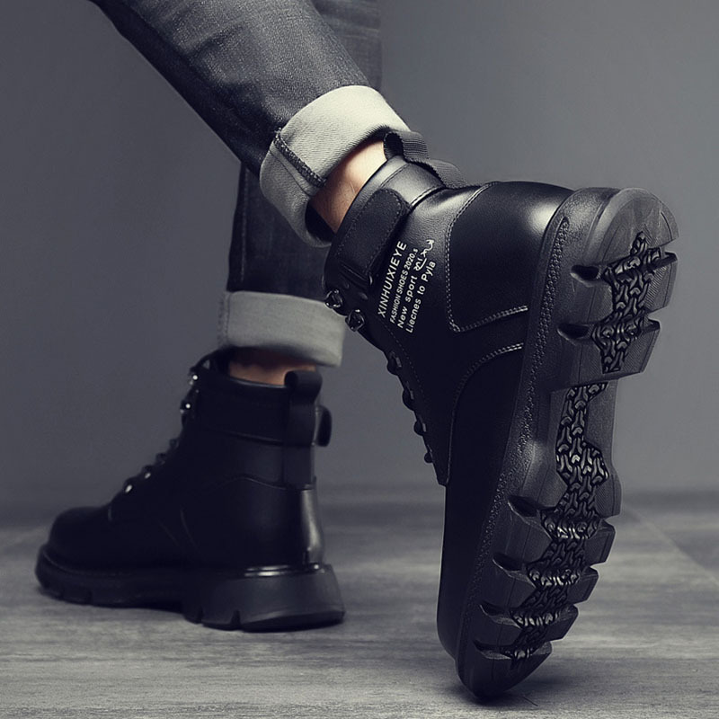 Men Fashion Casual Versatile Round-Toe Flat PU Lace-Up Combat Boots