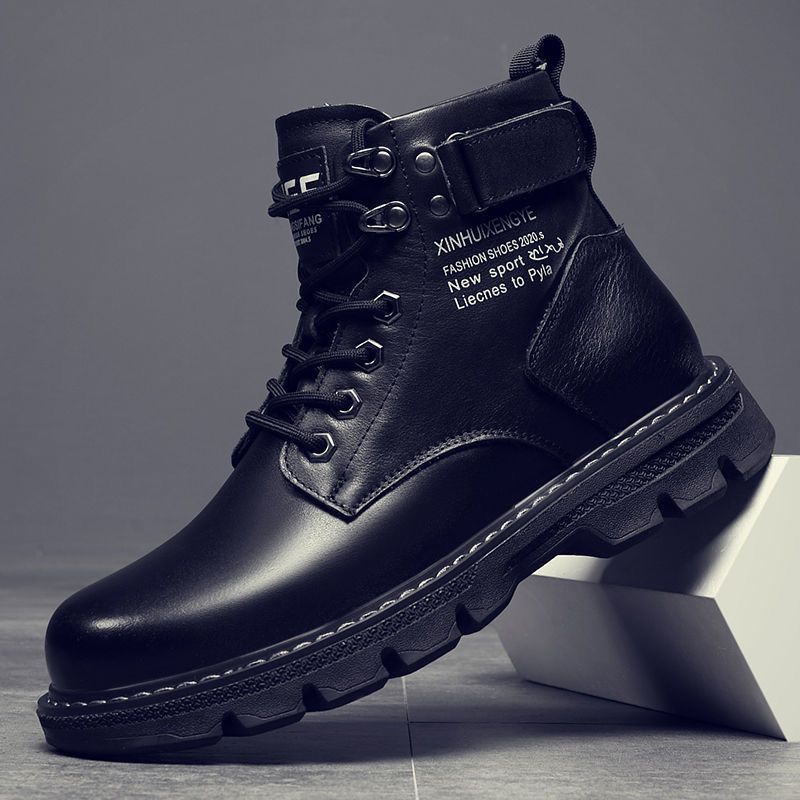 Men Fashion Casual Versatile Round-Toe Flat PU Lace-Up Combat Boots