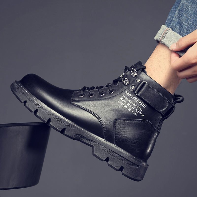 Men Fashion Casual Versatile Round-Toe Flat PU Lace-Up Combat Boots