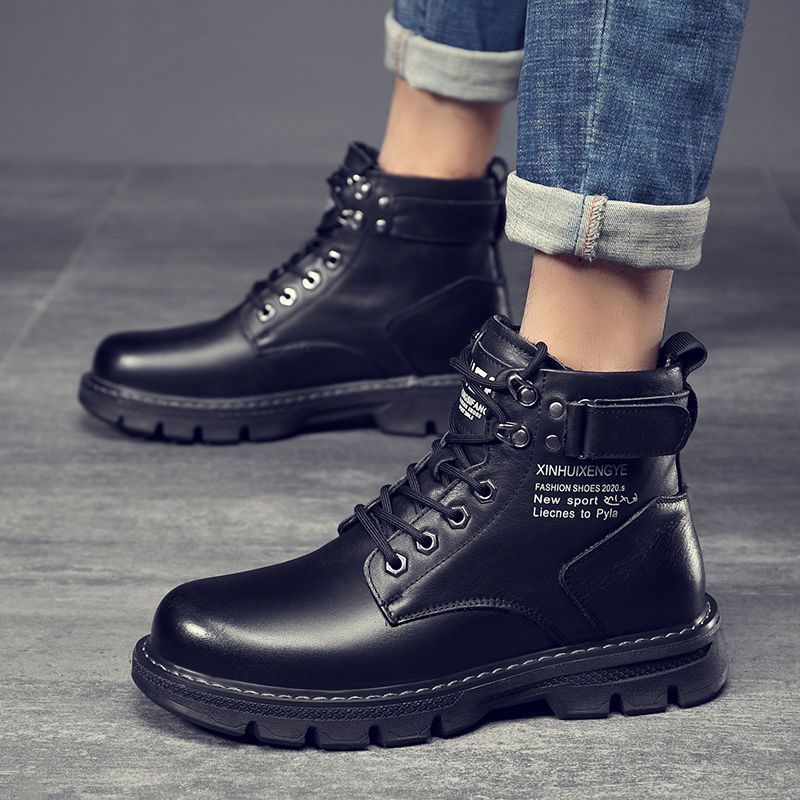 Men Fashion Casual Versatile Round-Toe Flat PU Lace-Up Combat Boots