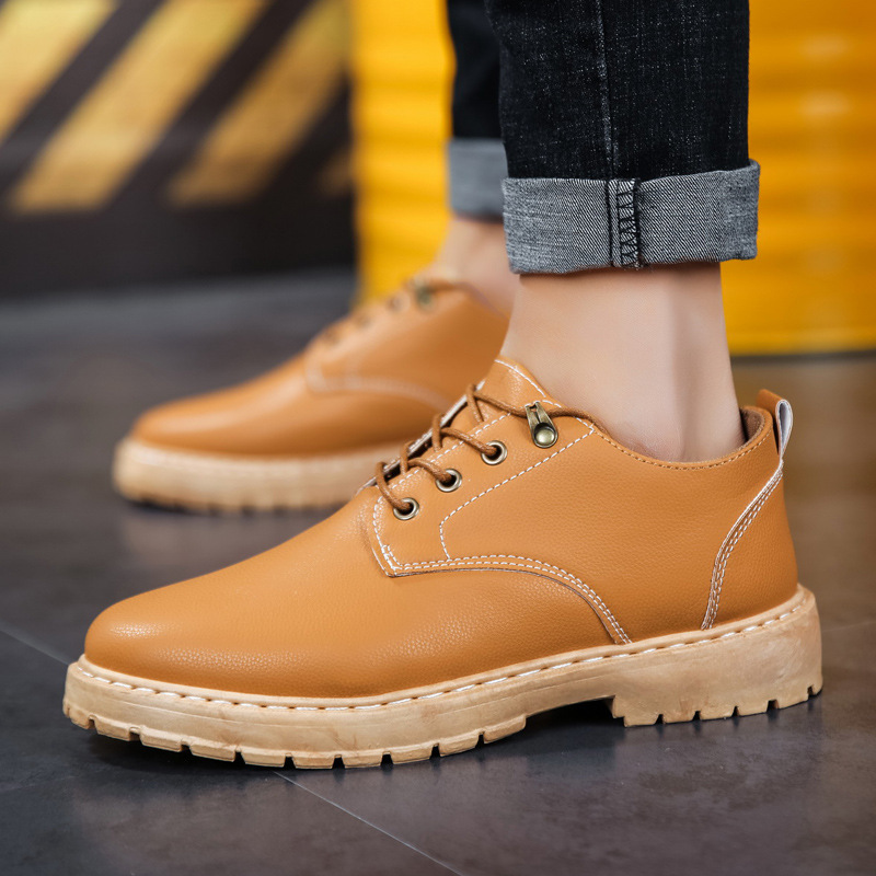 Men Fashion Casual Versatile Lace-Up Flat PU Low Top Combat Boots