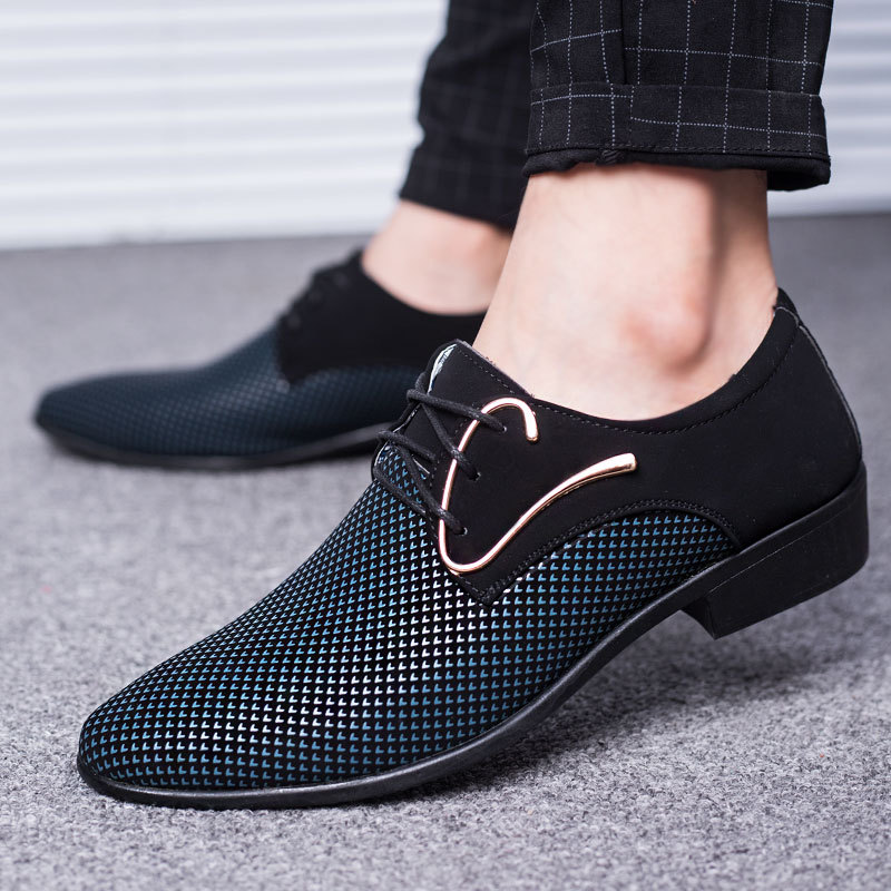 Men Fashion Business Party Pointed-Toe Lace-Up Low Heel PU Leather Shoes