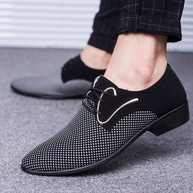 Men Fashion Business Party Pointed-Toe Lace-Up Low Heel PU Leather Shoes