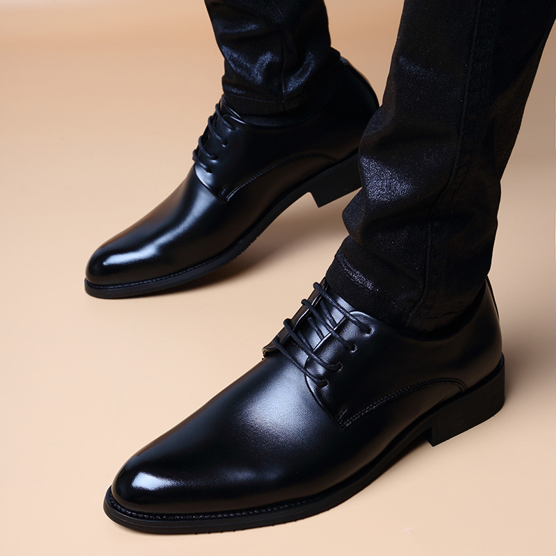 Men Fashion Business British Style Pointed-Toe Lace-Up Low Heel PU Leather Shoes